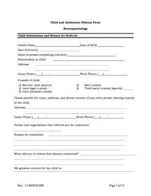 Child and Adolescent History Form