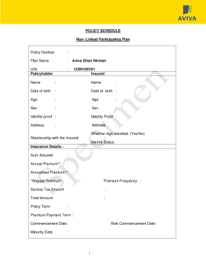 Aviva Dhan Nirman Insurance Policy Schedule