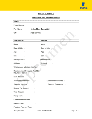 Aviva Dhan Samruddhi Policy Schedule