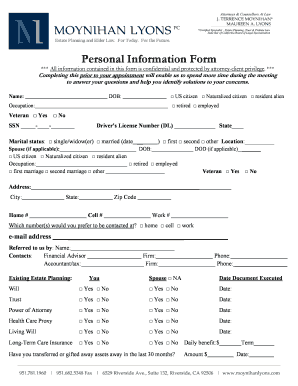 Personal information form worksheet