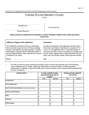 Application to Proceed in District Court Without Prepaying Fees or Costs