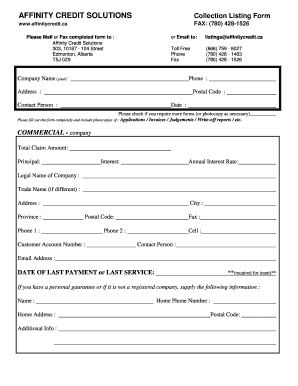 Affinity Credit Solutions Collection Listing Form