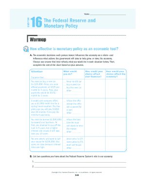 Federal Reserve and Monetary Policy Worksheet