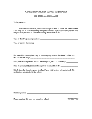 Bee Sting Allergy Alert Form