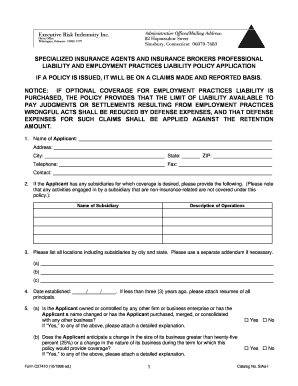 Insurance Agents Professional Liability Policy Application