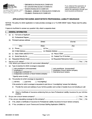 Nurse Anesthetists Professional Liability Insurance Application