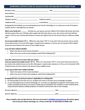 Borrower Certification for R&A/IBR Repayment Plan
