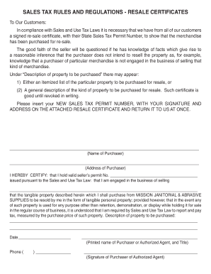Resale Certificate for Sales Tax