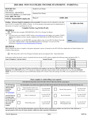 2015-2016 Non-Tax Filer Income Statement for Parents