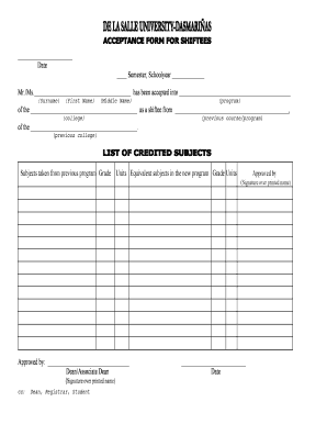 Student Shiftee Acceptance Form