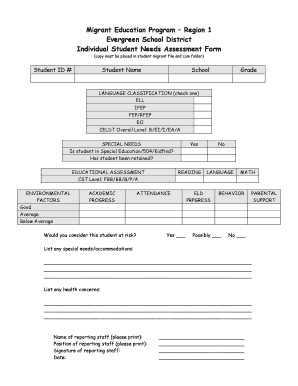 Individual Student Needs Assessment Form