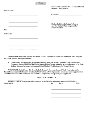 Motion to Strike Defendant's Answer and Default Judgment for Tenant Eviction