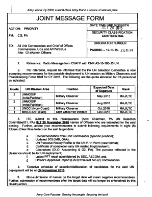 Telephone message form example - Army JOINT MESSAGE FORM