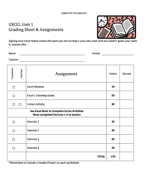 Excel Unit 1 Grading Sheet