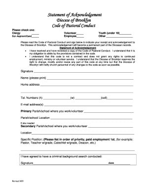 Diocese of Brooklyn Code of Pastoral Conduct Acknowledgement