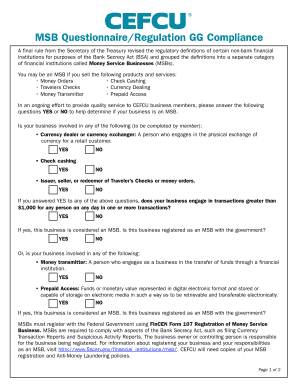 MSB Questionnaire/Regulation GG Compliance