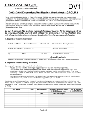 2013–2014 Dependent Verification Worksheet