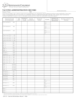 Occ-74 Vaccine Administration Record - nationwidechildrens