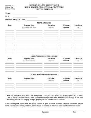 OSF Form 18-1 Record of Lost Receipts