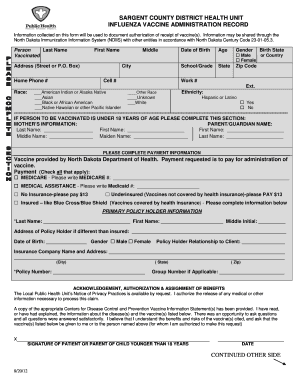 North Dakota Influenza Vaccine Administration Record