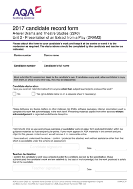 A-Level Drama and Theatre Studies Candidate Record Form