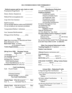 Fillable Online 2014 ITEMIZED DEDUCTION WORKSHEET - tucsoncpacom Fax ...