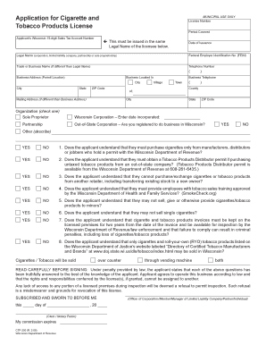Wisconsin Cigarette and Tobacco Products Retailer License Application