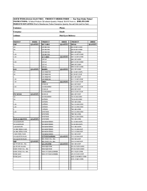 Davis Wholesale Electric Product Order Form