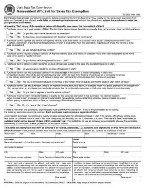 Utah Nonresident Sales Tax Exemption Affidavit