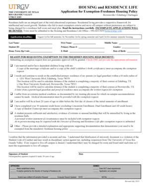 UTRGV Freshman Housing Exemption Application