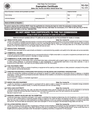 Utah Sales Tax Exemption Certificate TC-721
