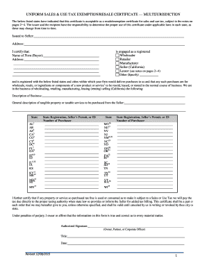 Uniform Sales & Use Tax Exemption/Resale Certificate