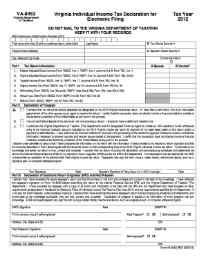 Virginia Individual Income Tax Declaration Form VA-8453