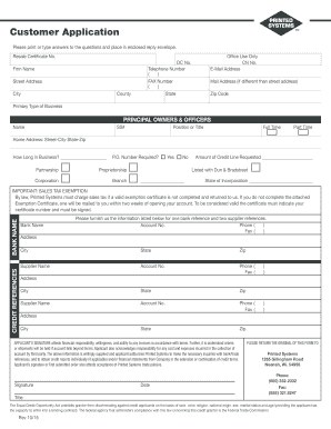 Printed Systems Customer Application and Resale Certificate
