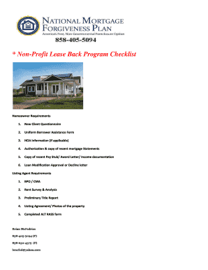 Non-Profit Lease Back Program Checklist