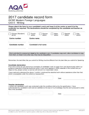 GCSE Modern Foreign Languages Writing Candidate Record Form