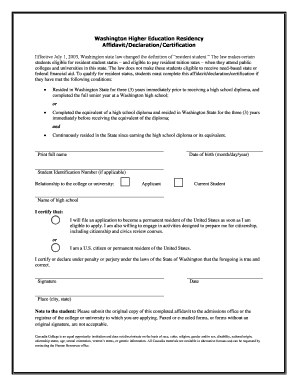 Washington Residency Affidavit for Higher Education