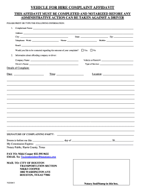 Vehicle for Hire Complaint Affidavit