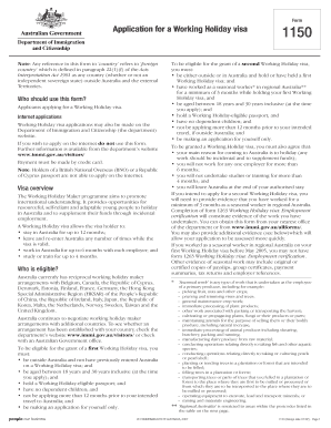 Australia Working Holiday Visa Application Form 1150