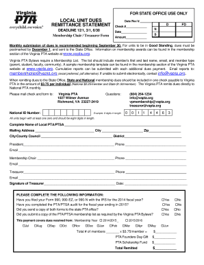 Virginia PTA Local Unit Dues Remittance Form