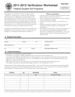 2011-2012 Verification Worksheet Dependent