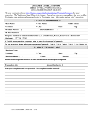 Washington Consumer Complaint Form