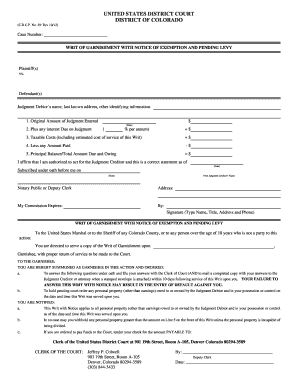 Writ of Garnishment with Notice of Exemption and Pending Levy