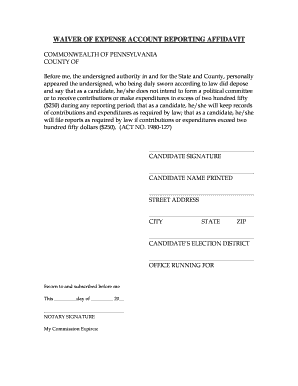Pennsylvania Waiver of Expense Account Reporting Affidavit