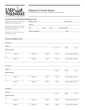 Lake Wildwood Association Frequent Guest Form