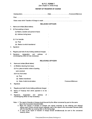Kerala Report of Transfer of Charge Form 7