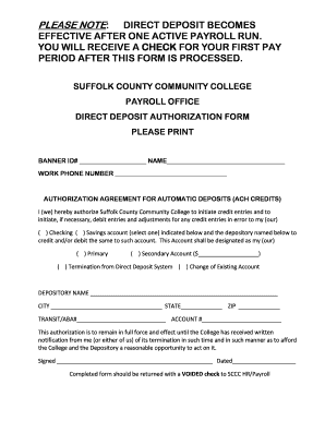 Suffolk County Community College Direct Deposit Authorization Form