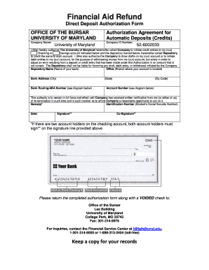 University of Maryland Financial Aid Refund Direct Deposit Authorization