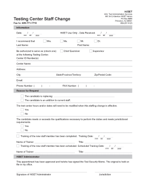 HiSET Testing Center Staff Change Form