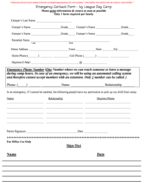 Emergency Contact Form - Ivy League Day Camp